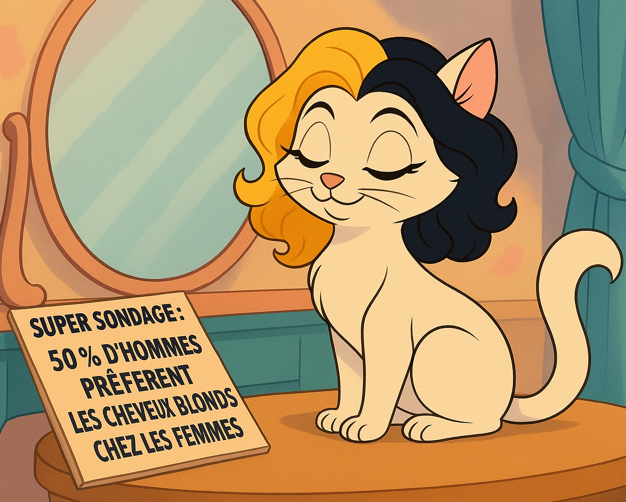 chatte devant un miroir-cheveux blonds et noirs-pancarte sondage de beauté